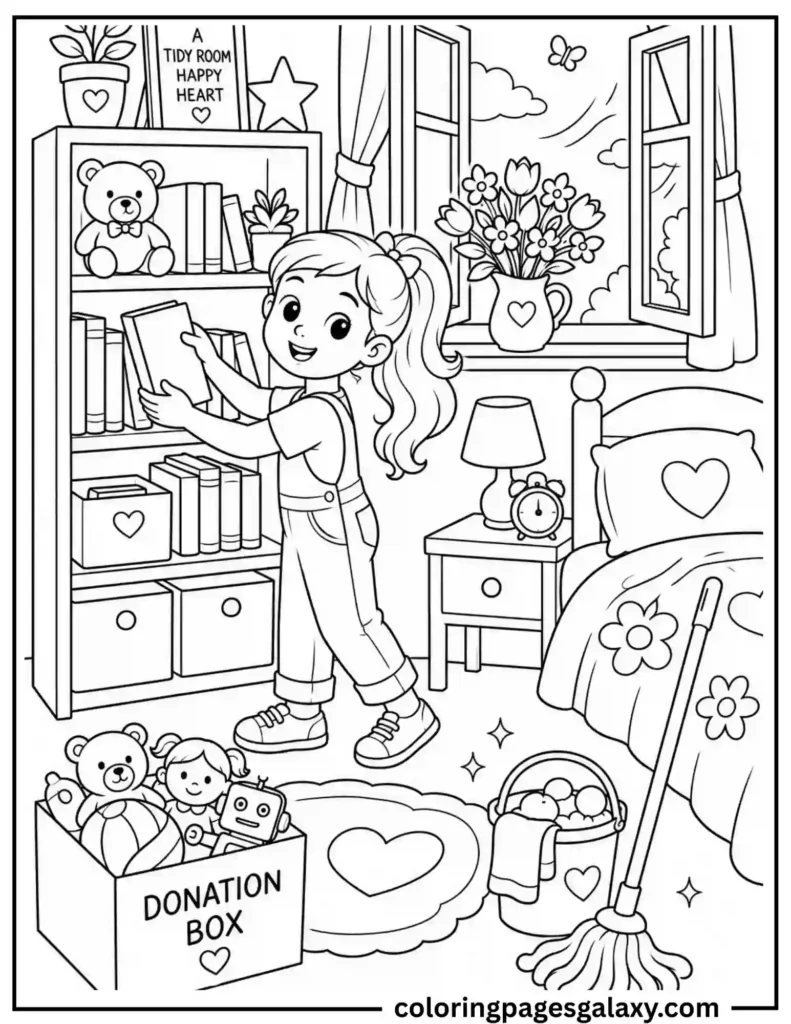 Cozy Girl Organizing Her Room Coloring Page