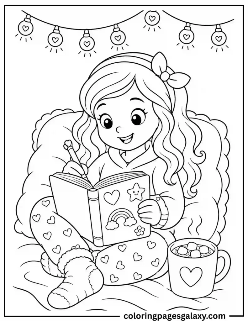 Cozy Girl Reading Bedtime Story Coloring Page