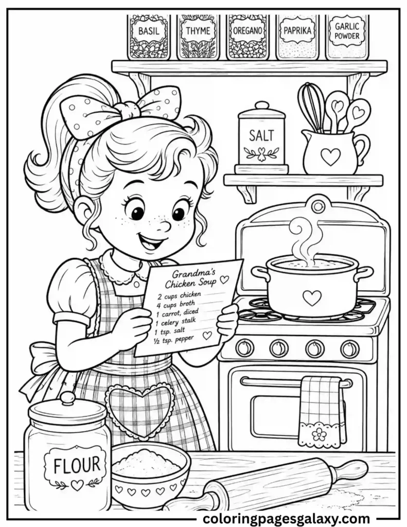 Cute Girl Cooking Grandma’s Chicken Soup Coloring Page