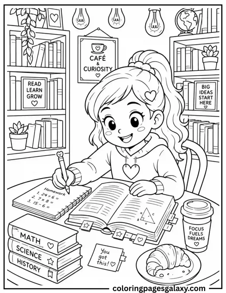 Cute Girl Doing Homework In Cozy Cafe Coloring Page