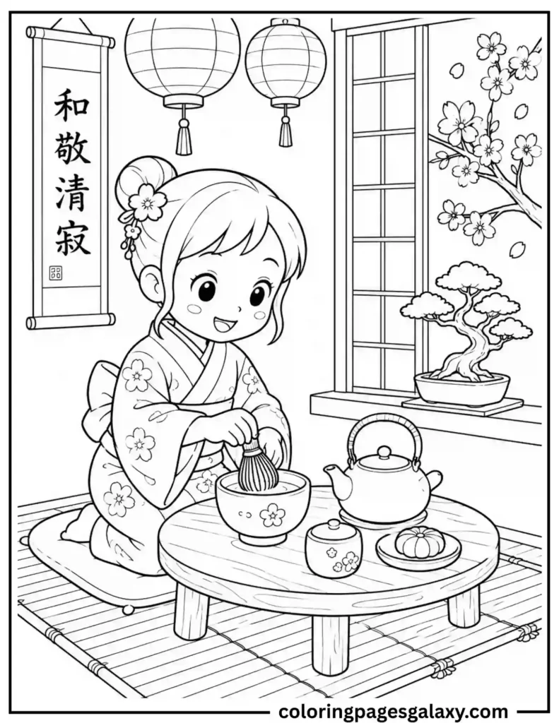 Cute Girl Doing Japanese Tea Ceremony Coloring Page