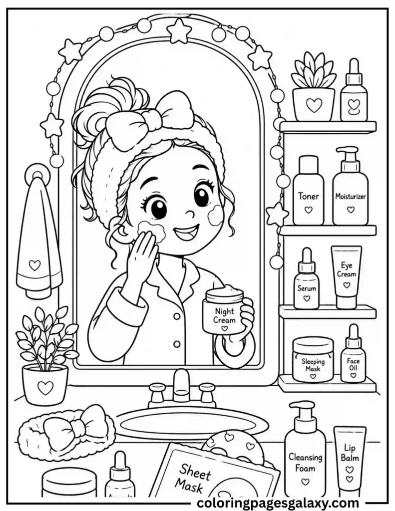 Cute Girl Doing Night Skincare Routine Coloring Page