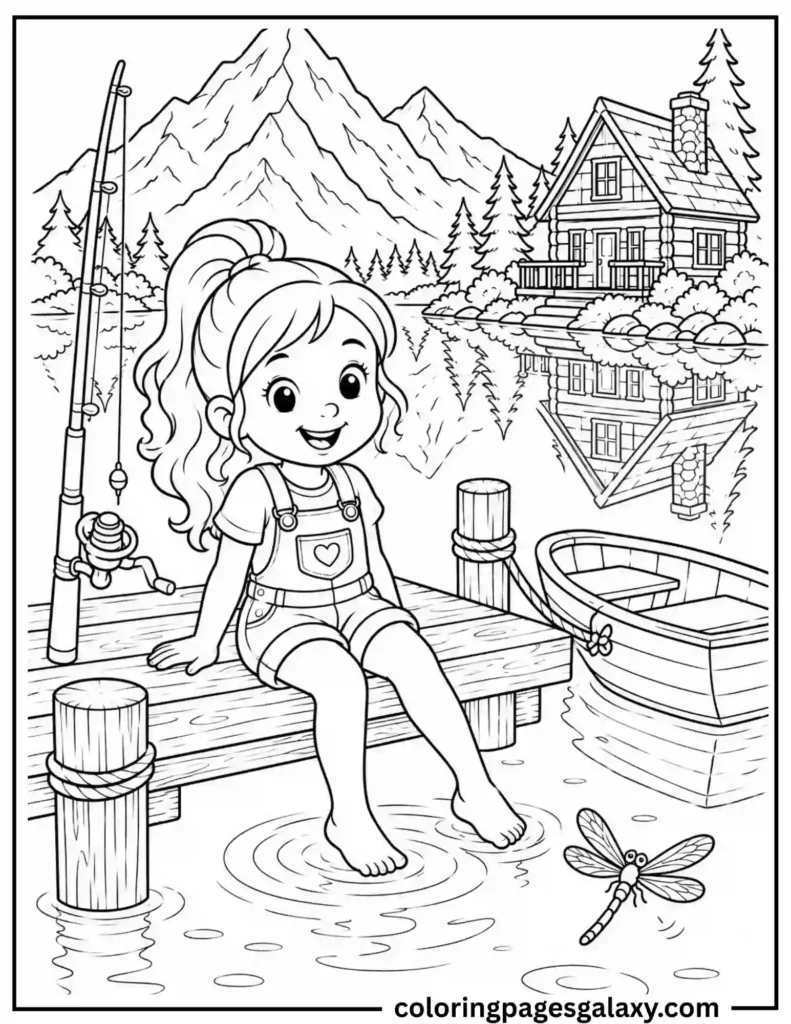 Cute Girl Fishing By Lake Coloring Page