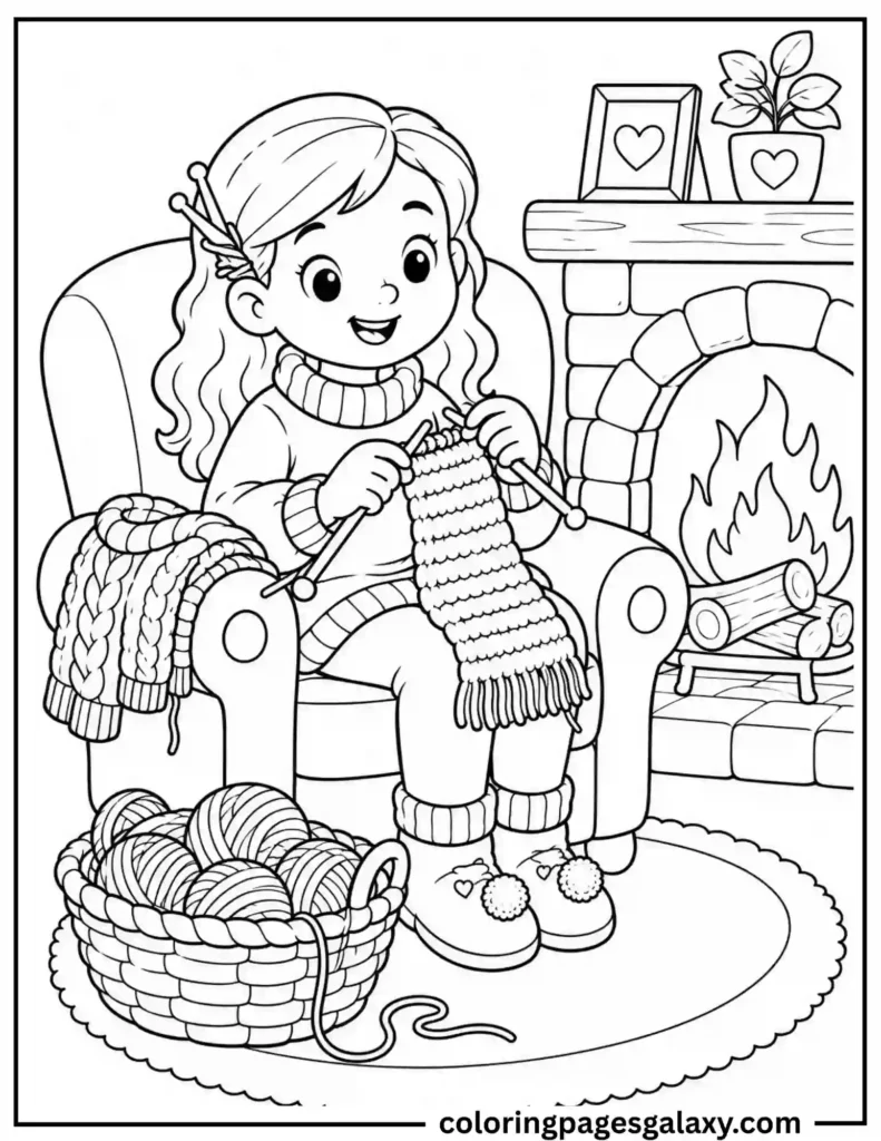 Cute Girl Knitting A Scarf Coloring Page