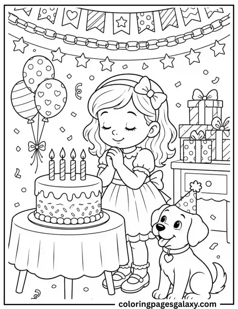 Cute Girl Making A Birthday Wish Coloring Page