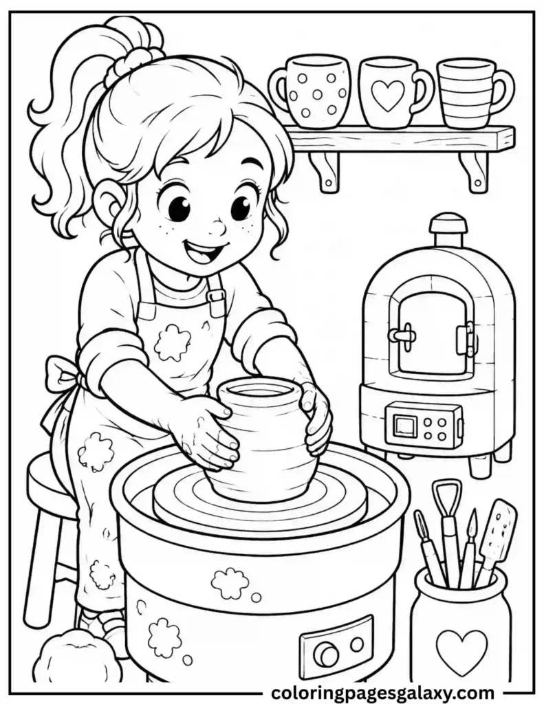 Cute Girl Making Pottery Coloring Page