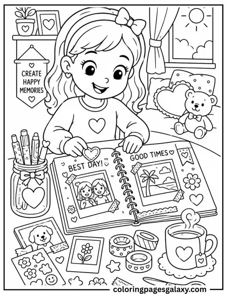 Cute Girl Making Scrapbook Coloring Page