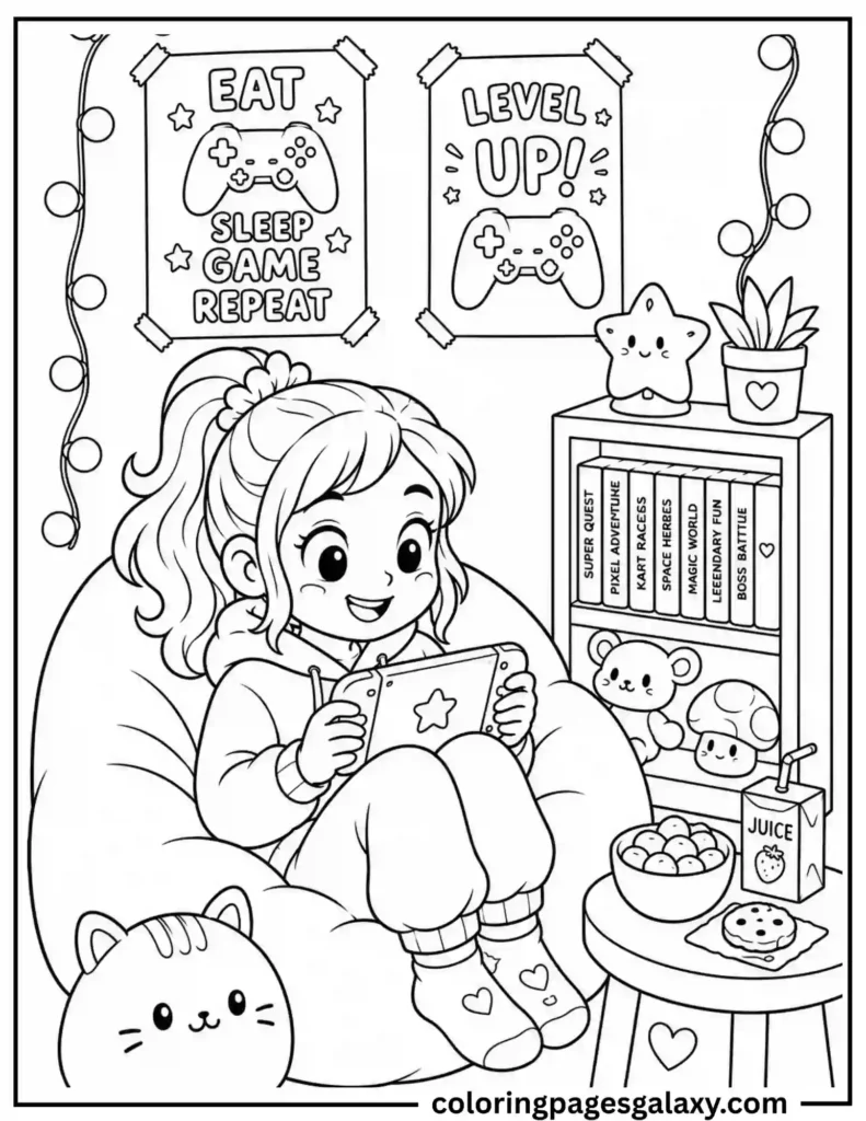Cute Girl Playing Video Game Coloring Page