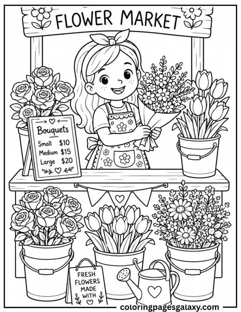 Cute Girl Selling Bouquets Coloring Page