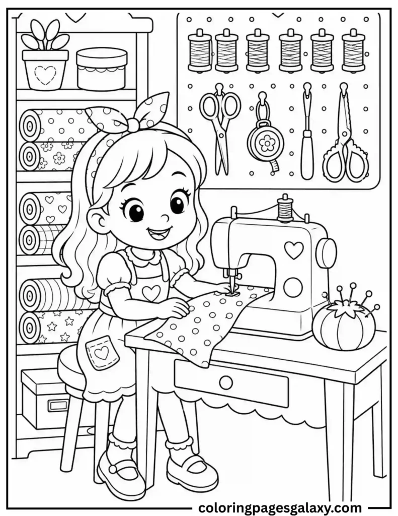 Cute Girl Sewing At Sewing Machine Coloring Page
