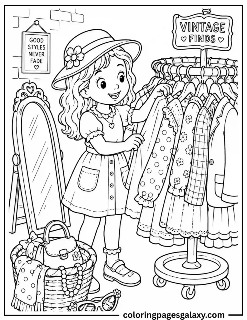 Cute Girl Shopping At Vintage Clothing Coloring Page