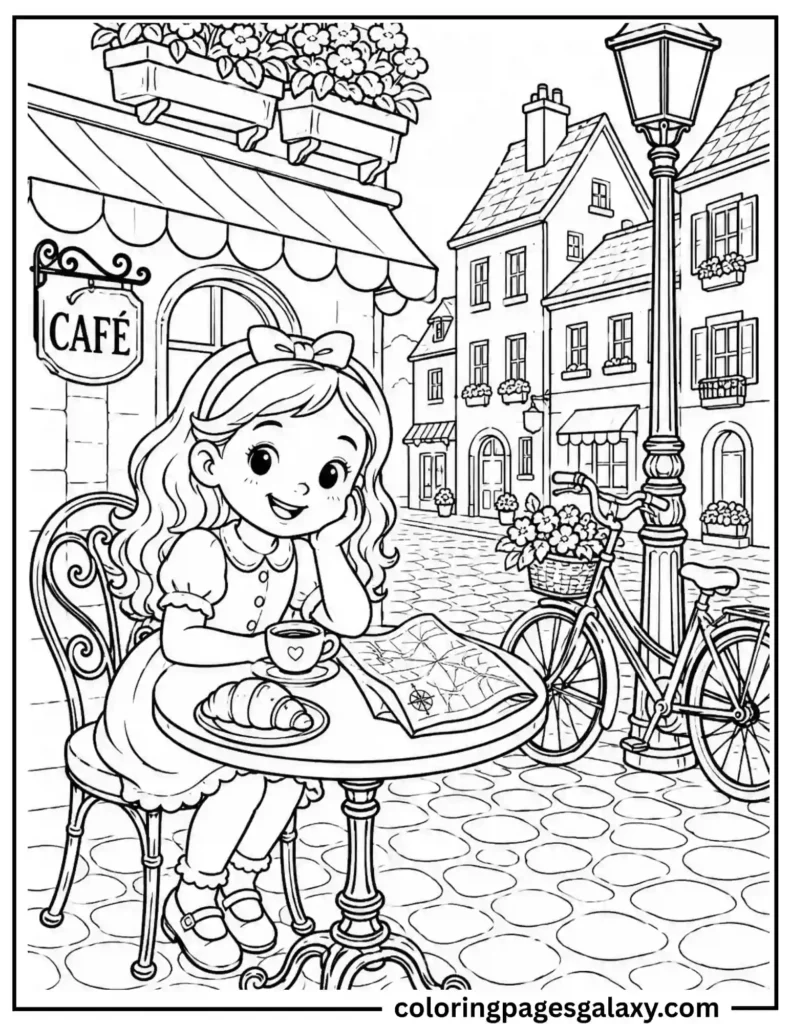 Cute Girl Sitting At Cafe Table In Europe Coloring Page