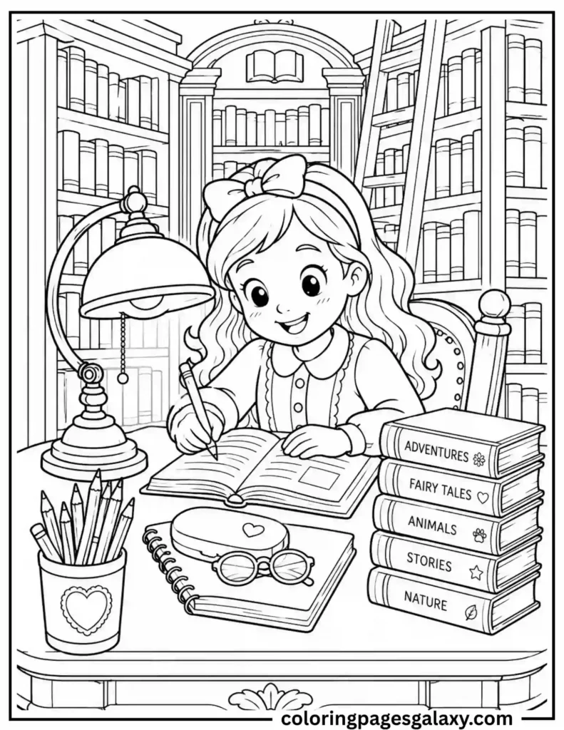 Cute Girl Studying In Library Coloring Page