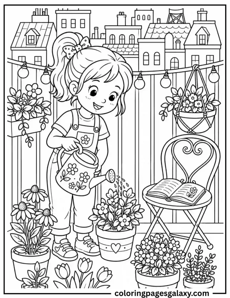 Cute Girl Watering Potted Plants Coloring Page