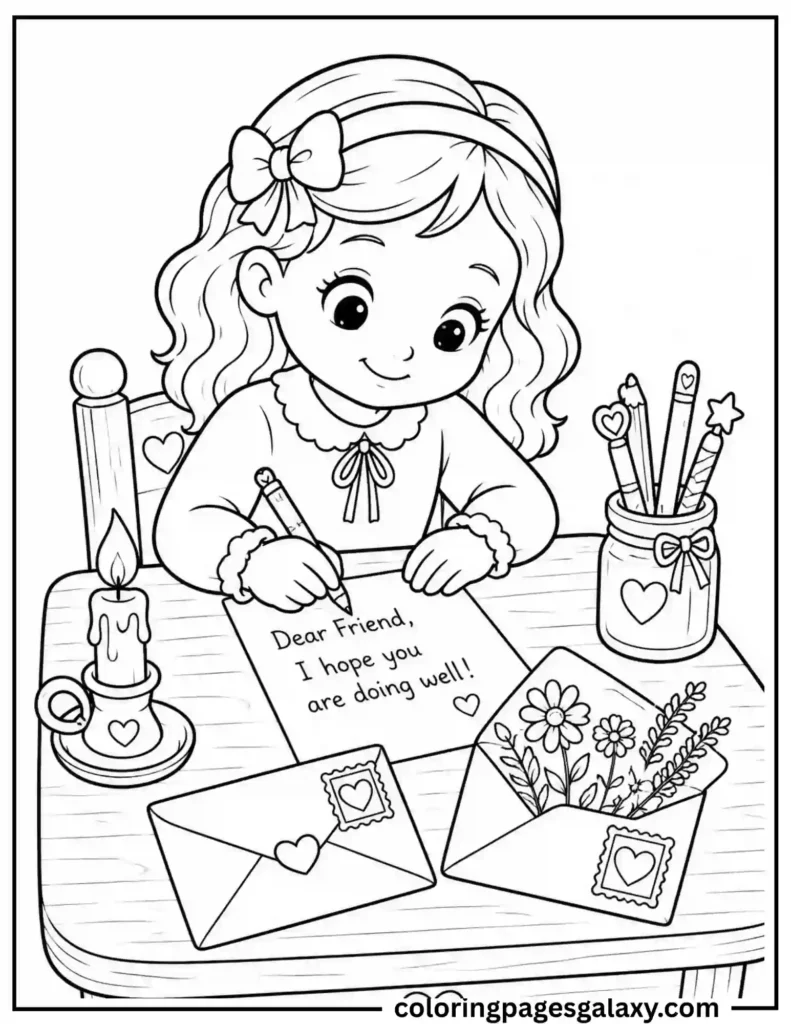 Cute Girl Writing A Letter Coloring Page