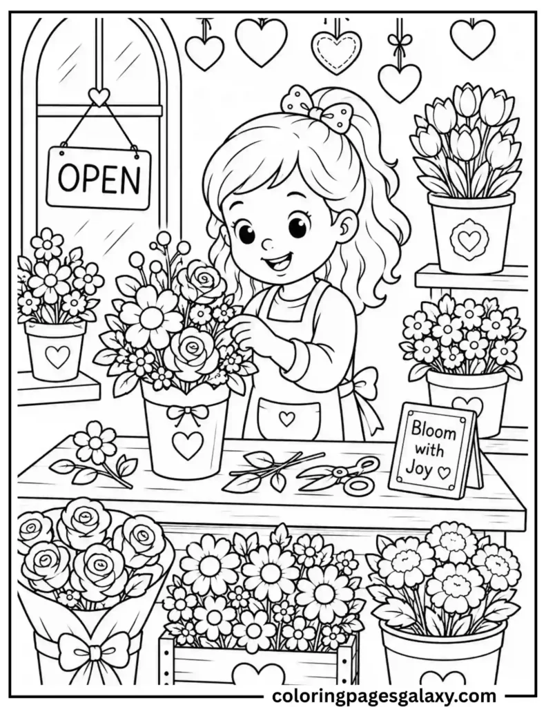 Girl Arranging Flowers In A Flower Shop Coloring Page