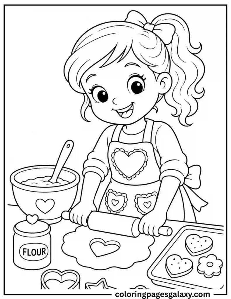 Girl Baking Heart Cookies Coloring Page