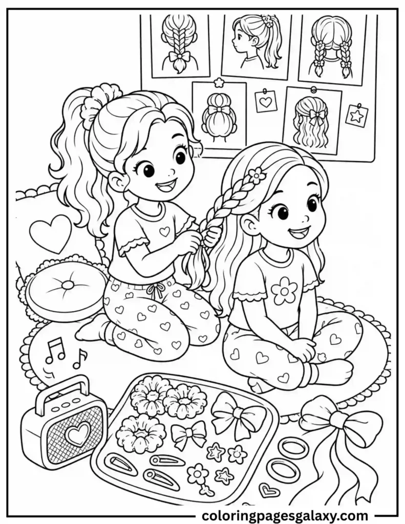 Girl Braiding Her Friend's Hair Coloring Page