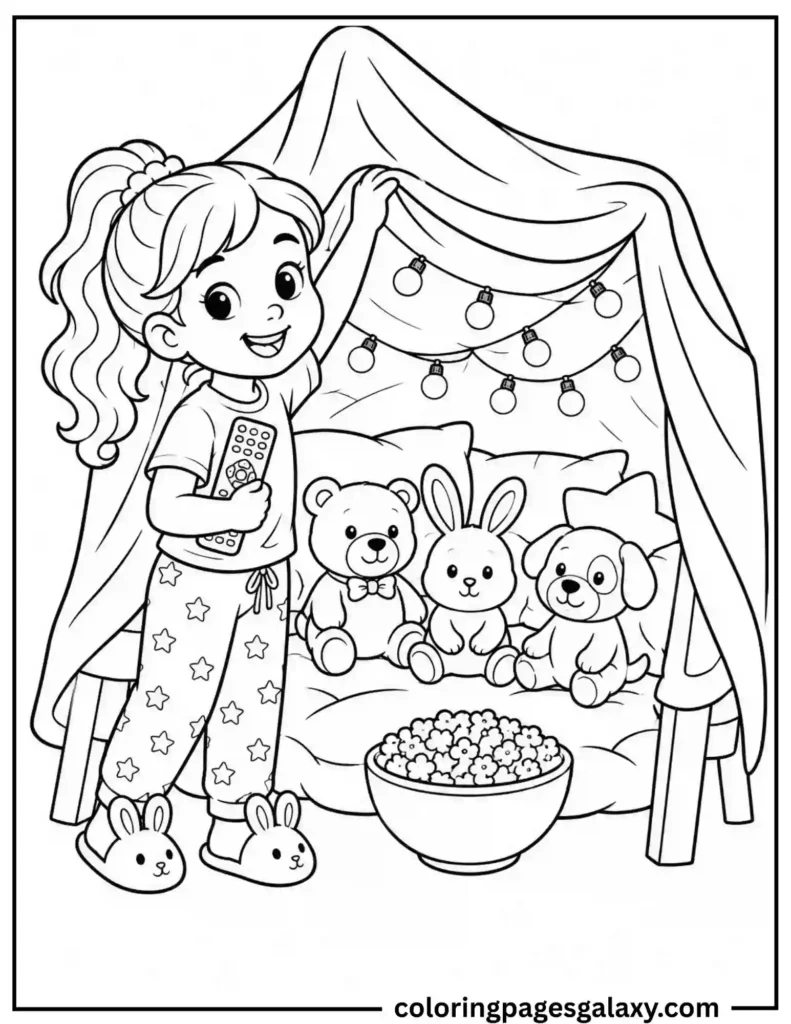 Girl Building A Blanket Fort Coloring Page