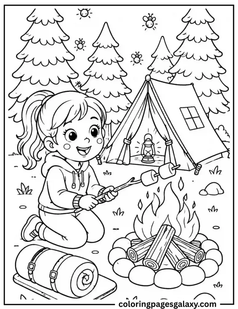 Girl Camping Roasting Marshmallows Coloring Page