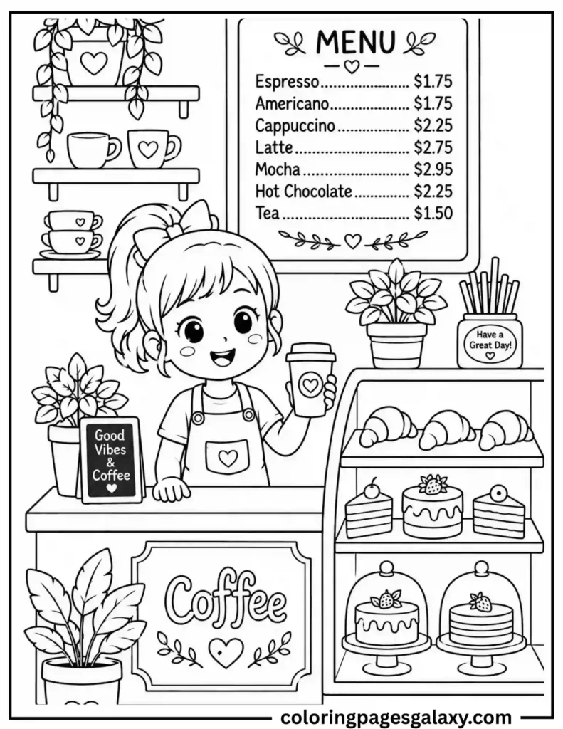 Girl Coffee Shop Barista Coloring Page