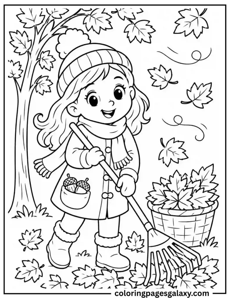 Girl Collecting Autumn Leaves Coloring Page