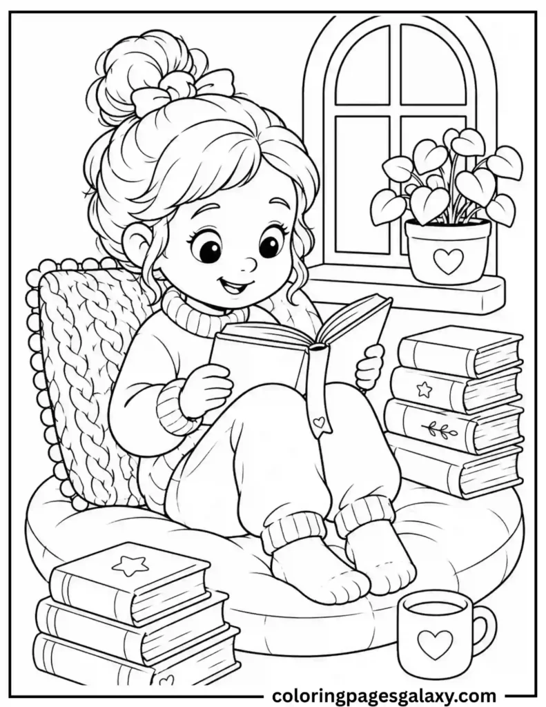 Girl Curled Up In A Reading Nook Coloring Page
