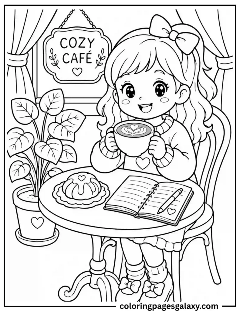 Girl Drinking Coffee At Cozy Café Coloring Page