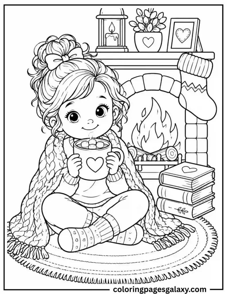 Girl Drinking Hot Chocolate By Fireplace Coloring Page
