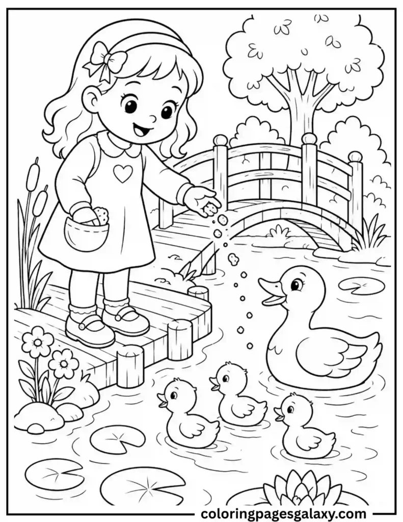 Girl Feeding Ducks Coloring Page