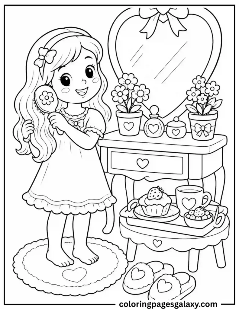 Girl Getting Ready At Vanity Mirror Coloring Page