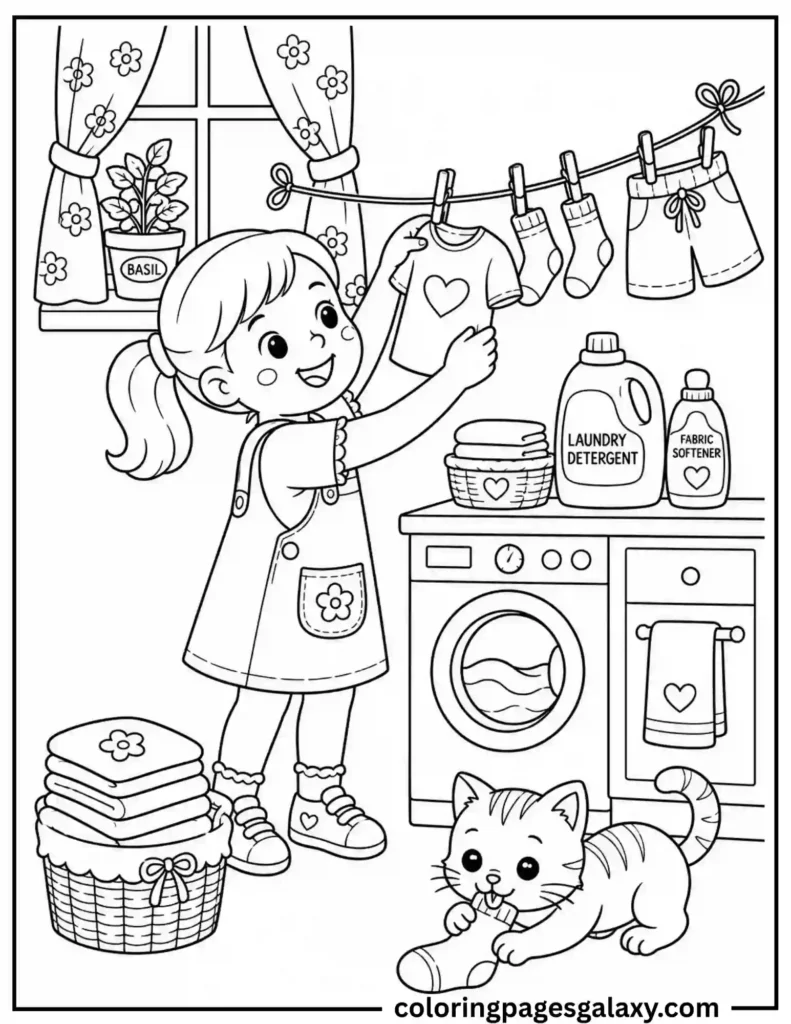 Girl Hanging Clothes In A Cozy Laundry Room Coloring Page