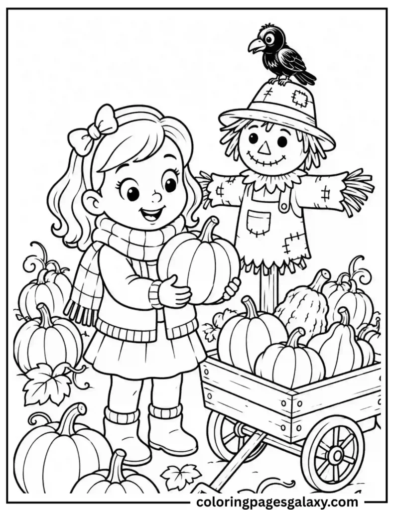 Girl Harvesting Pumpkins With Scarecrow Coloring Page