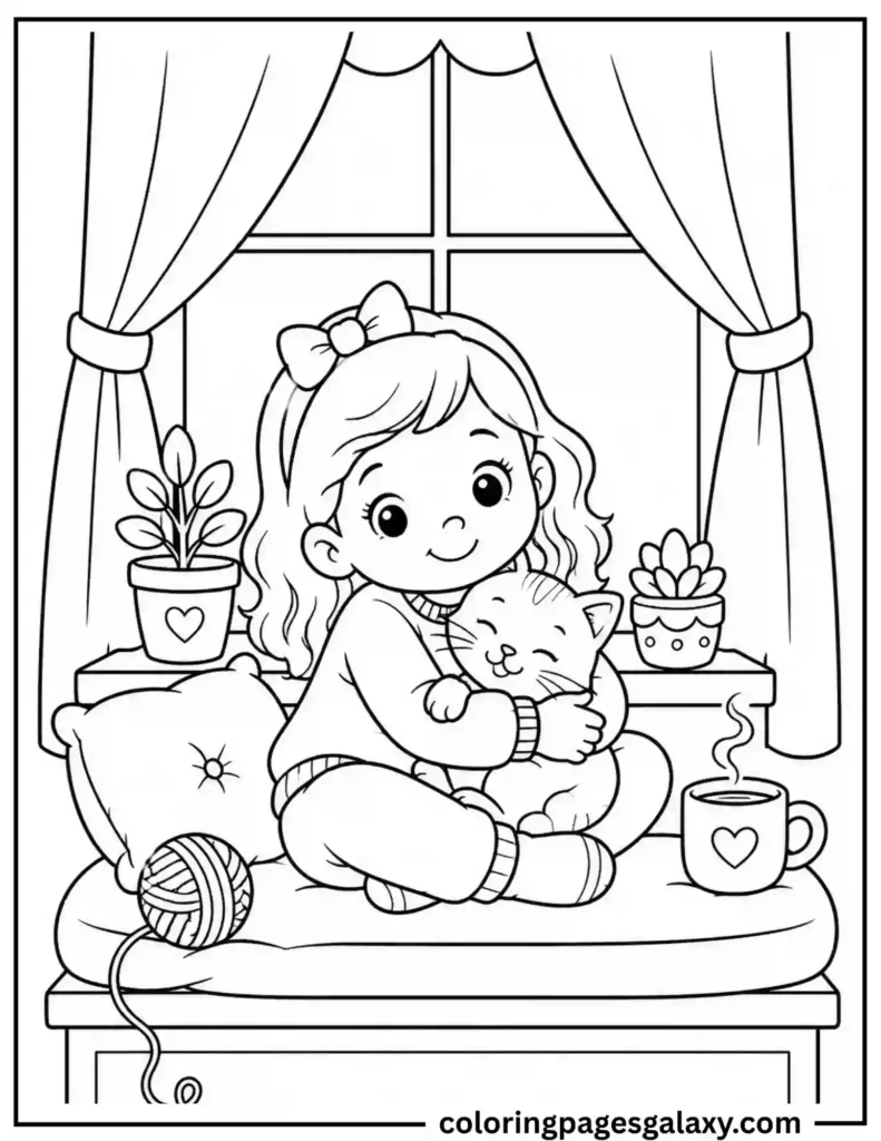 Girl Hugging Cat In Cozy Afternoon Coloring Page