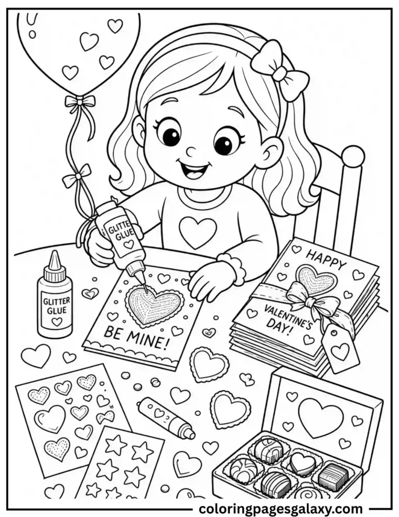 Girl Making Valentine's Day Cards Coloring Page