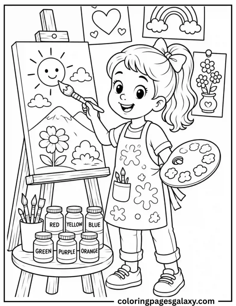 Girl Painting In Art Studio Coloring Page