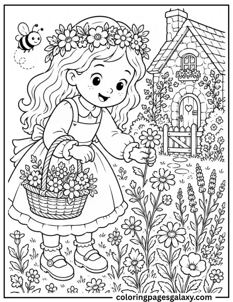 Girl Picking Wildflowers In Meadow Coloring Page
