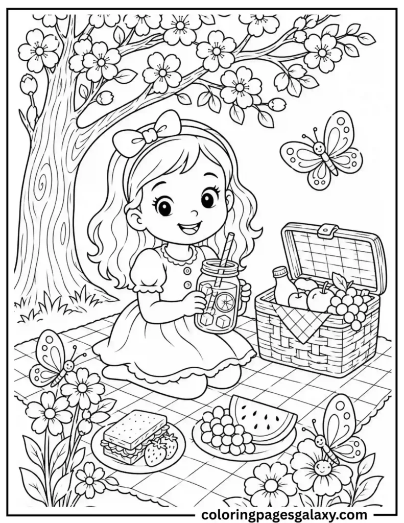 Girl Picnic Under Flowering Tree Coloring Page