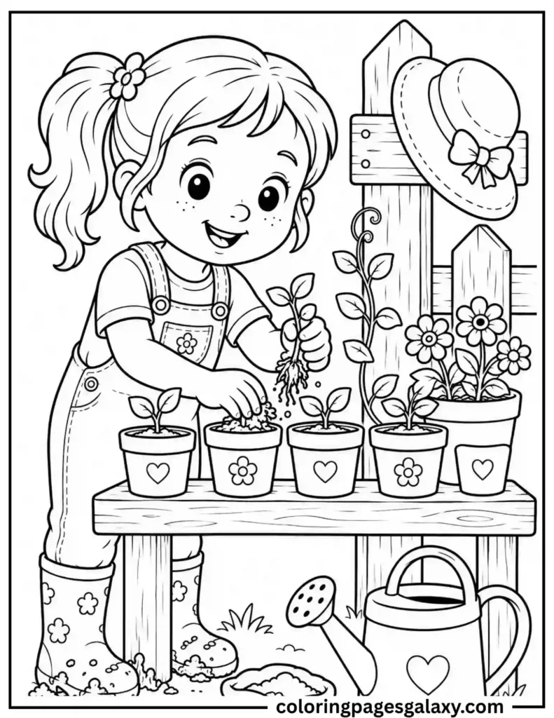 Girl Planting Seedlings In Garden Coloring Page