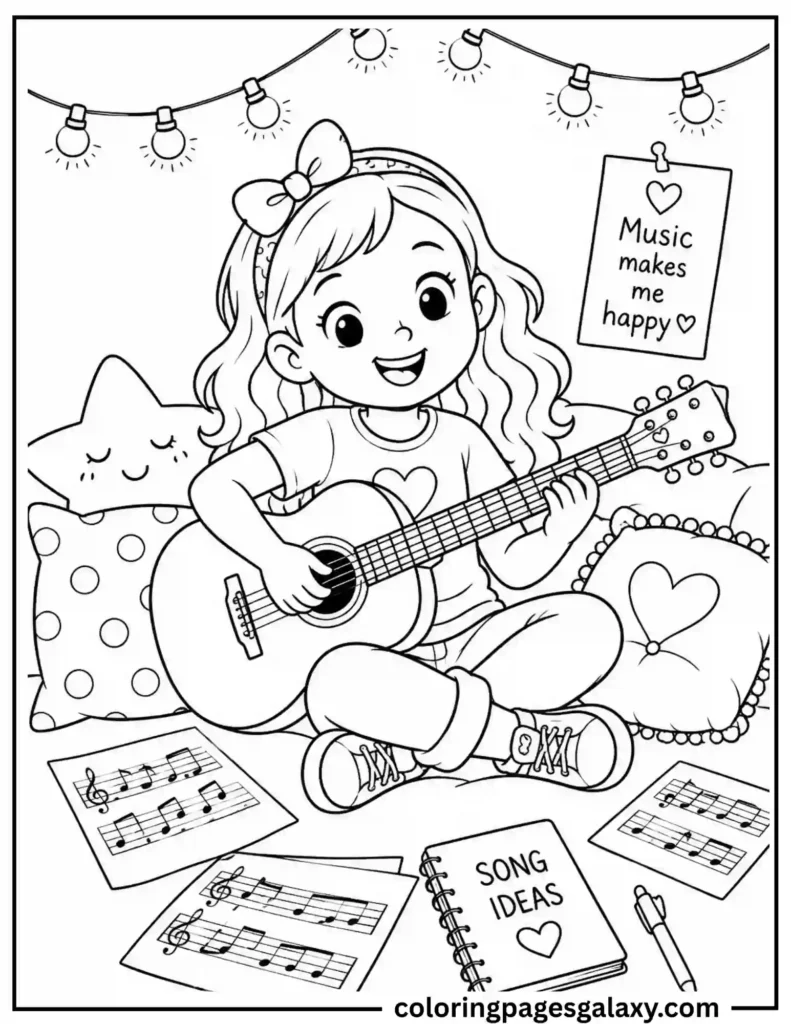 Girl Playing Guitar Coloring Page