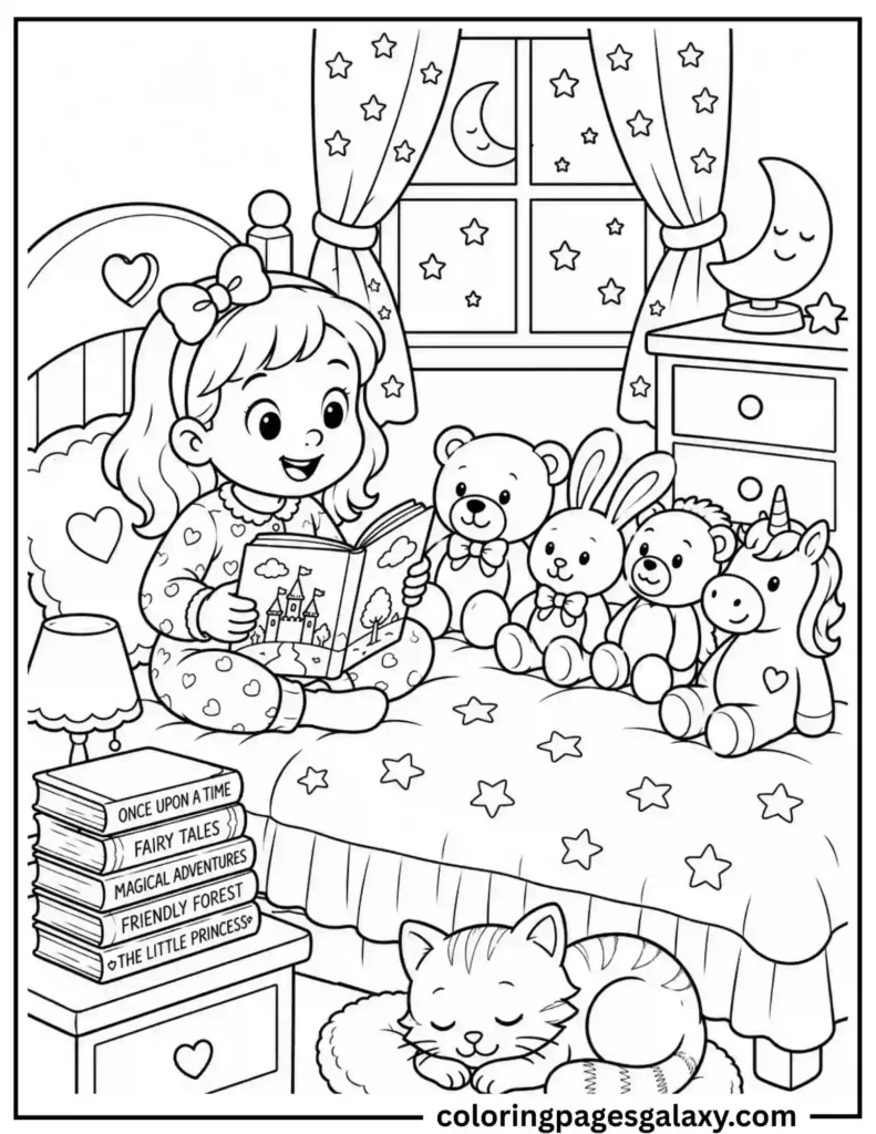 Girl Reading Bedtime Story Coloring Page