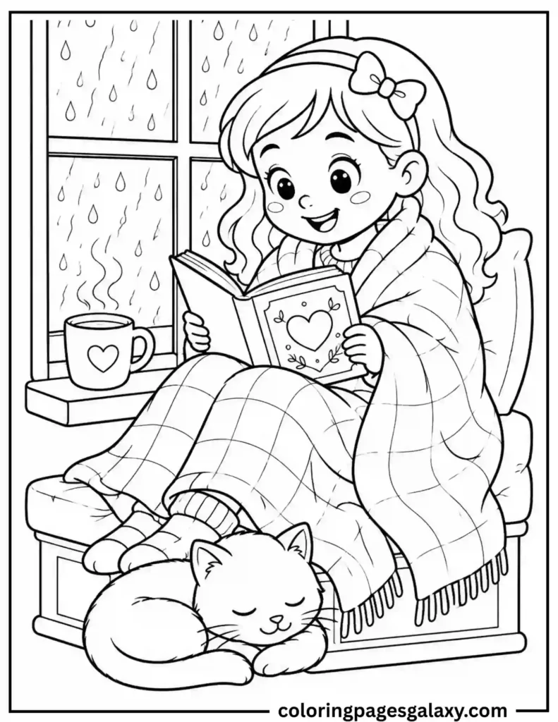 Girl Reading By Rainy Window With Cat Coloring Page