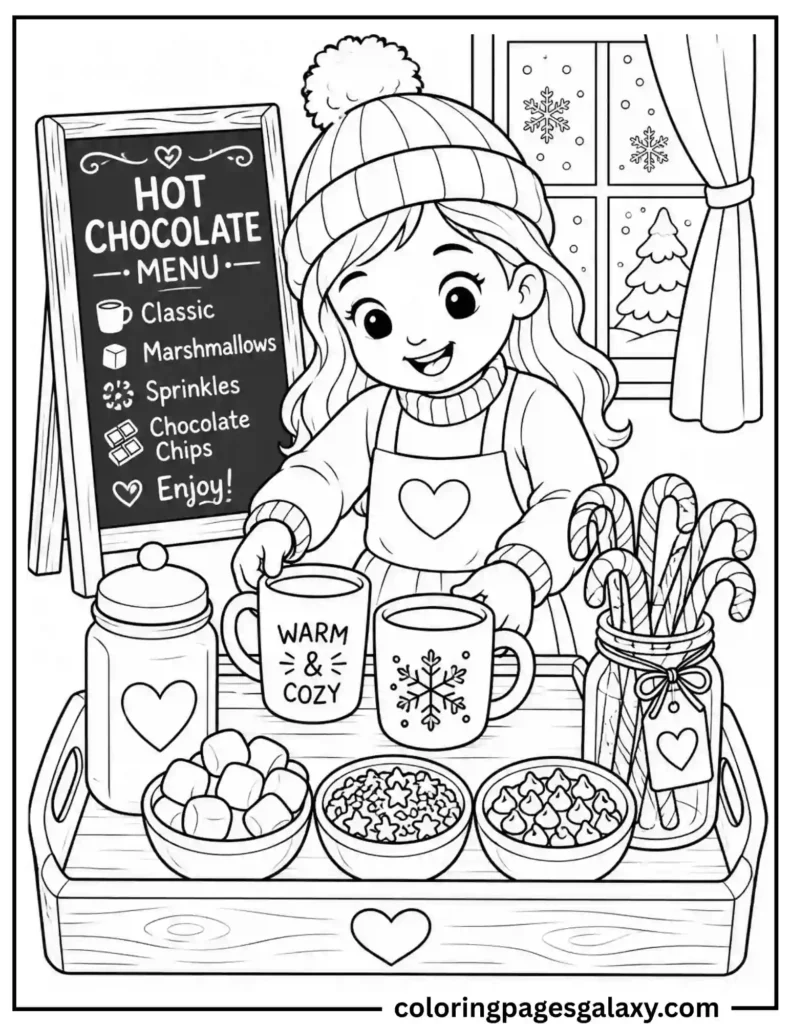 Girl Setting Up A Cozy Hot Chocolate Station Coloring Page
