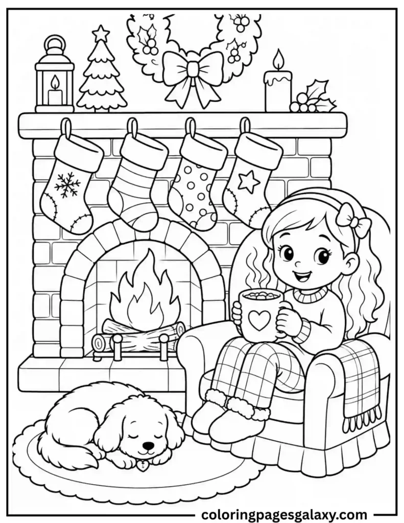 Girl Sitting by Cozy Fireplace Christmas Coloring Page