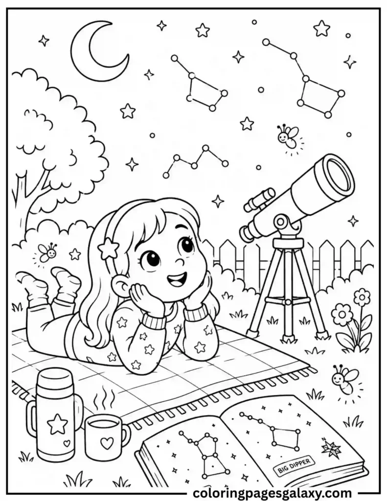 Girl Stargazing With Telescope Coloring Page
