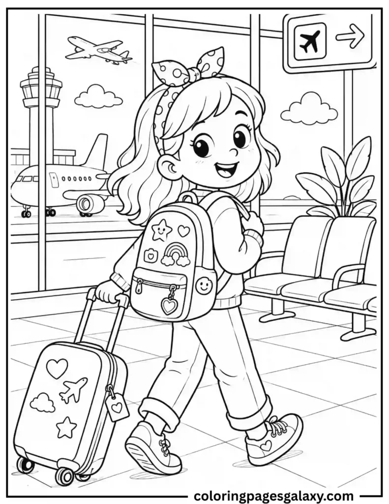 Girl Traveling At Airport Coloring Page