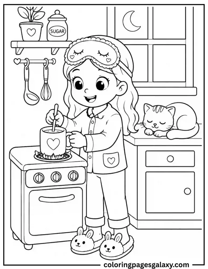Girl Warming A Mug Of Milk In Kitchen Coloring Page