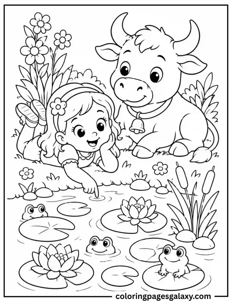 Girl Watching Frogs With Cow Coloring Page