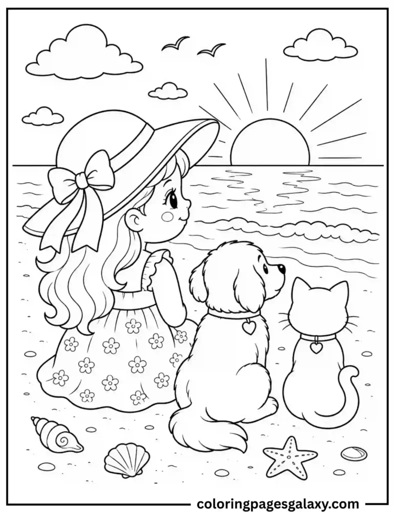 Girl Watching Sunset With Pets Coloring Page