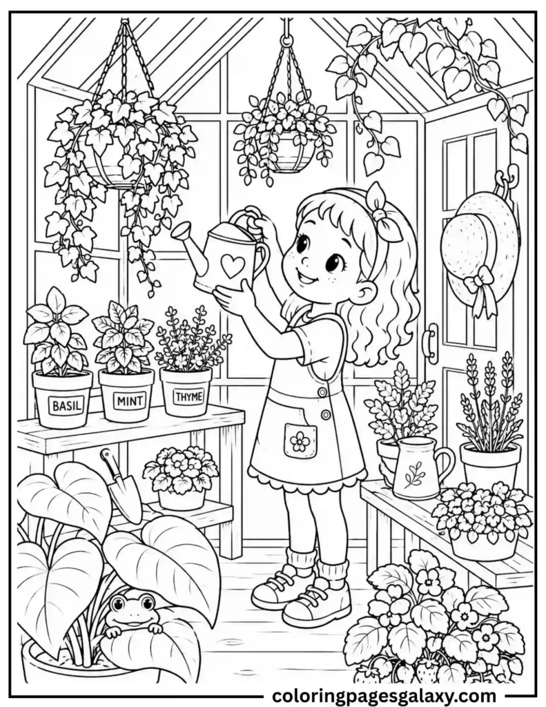 Girl Watering Plants Greenhouse Coloring Page